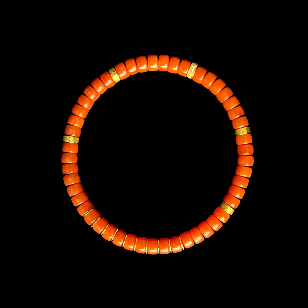 南红药片手串 18K金 珠径约5-5.5mm 手围15cm 约1.5g  L