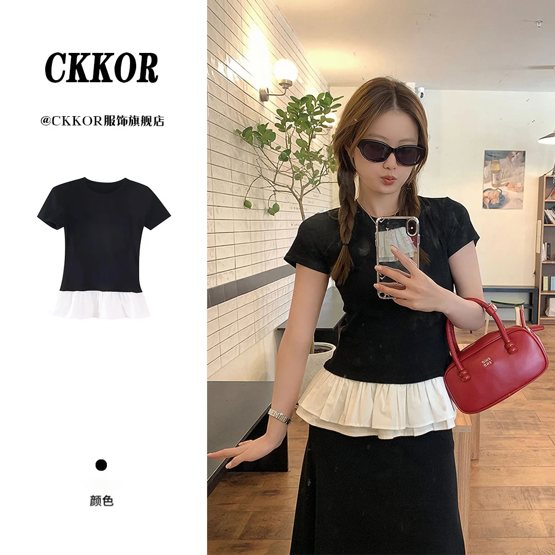 CKKOR韩版时尚花边拼接假两件短袖t恤女夏季新款圆领修身显瘦上衣