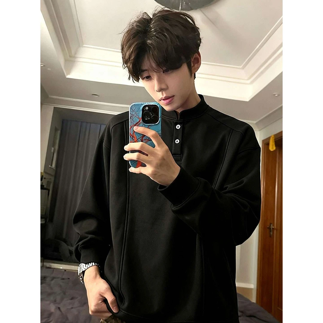 黑色美式亨利领长袖t恤男款秋冬季重磅加绒卫衣高级感内搭打底衫