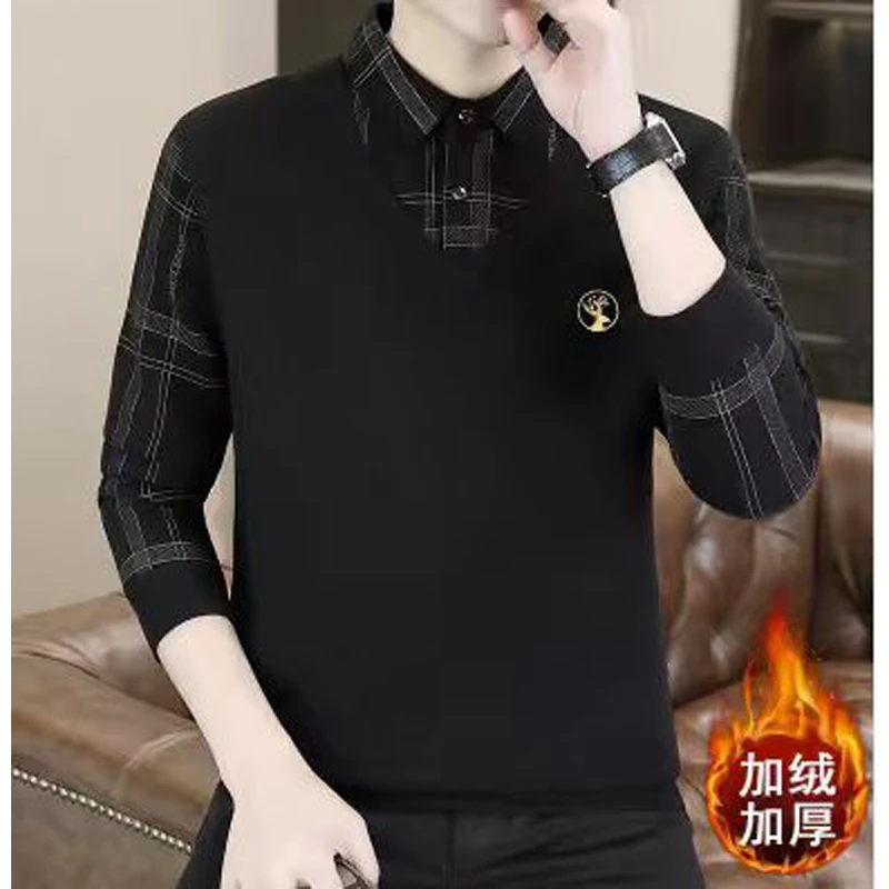 高档假两件一体绒加厚毛衣男士秋冬时尚保暖针织打底衫男装9292