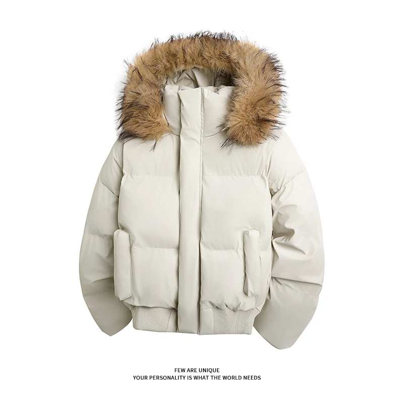 美式毛领防风连帽pu皮棉服男冬季潮牌棉衣外套宽松加厚保暖面包服