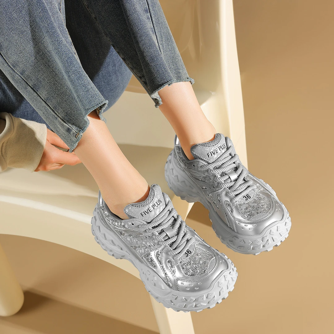 老爹鞋女2024亮片透气女鞋厚底增高休闲运动鞋子
