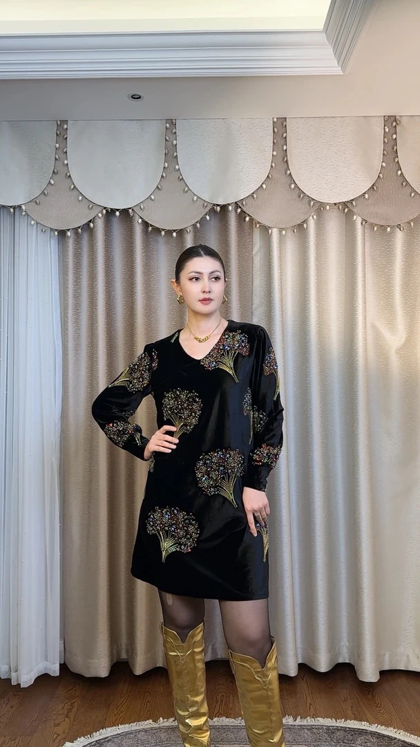 秋冬新款中式国风复古亮片绣花丝绒裙子 重工