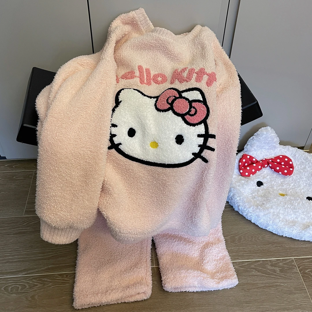 睡衣女冬季新款珊瑚绒粉色可爱KT猫长袖半边绒甜美学生家居服套装