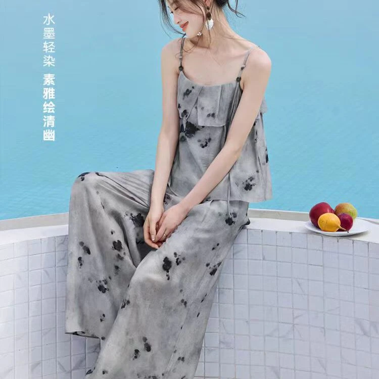 2025夏季新款国风印花阔腿裤套装女两件套小众超仙遮肉吊带背心