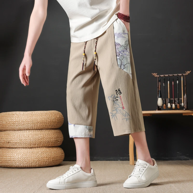 男大码宽松冰丝裤子薄款夏季休闲裤中国风七分裤男士直筒休闲裤