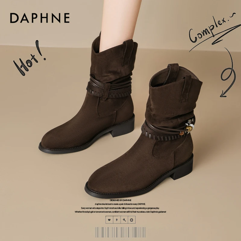 达芙妮网红爆款复古短靴子女2025秋季美拉德西部牛仔靴褶皱骑士靴