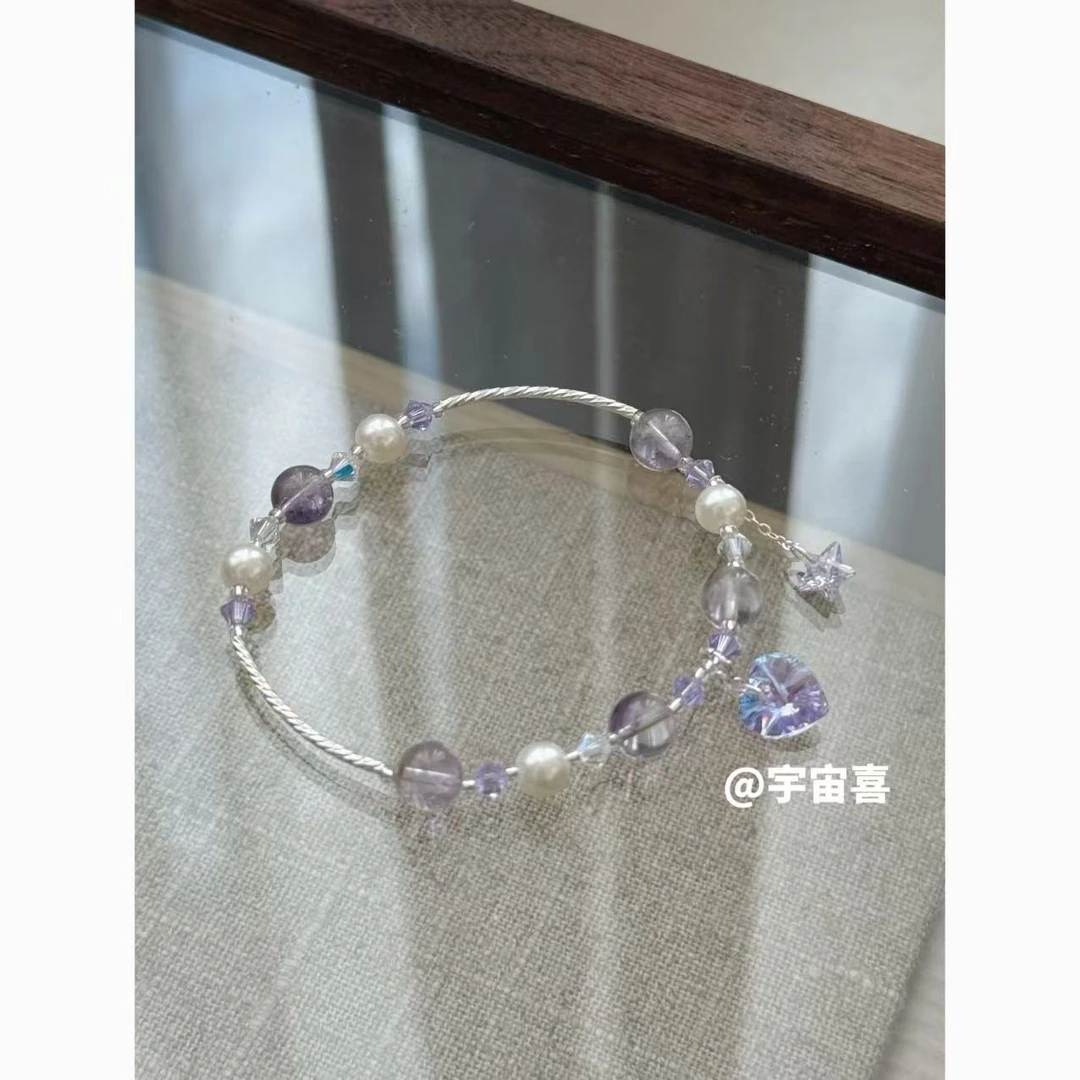 925银仿水晶手链 F1-141【925银紫色水晶贝珠串珠爱心弹力绳手链】