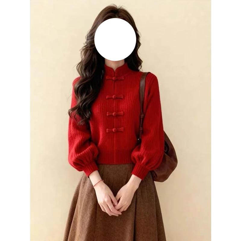 新年跨年穿搭新中式国风立领针织毛衣秋冬季大码胖MM慵懒软糯上衣