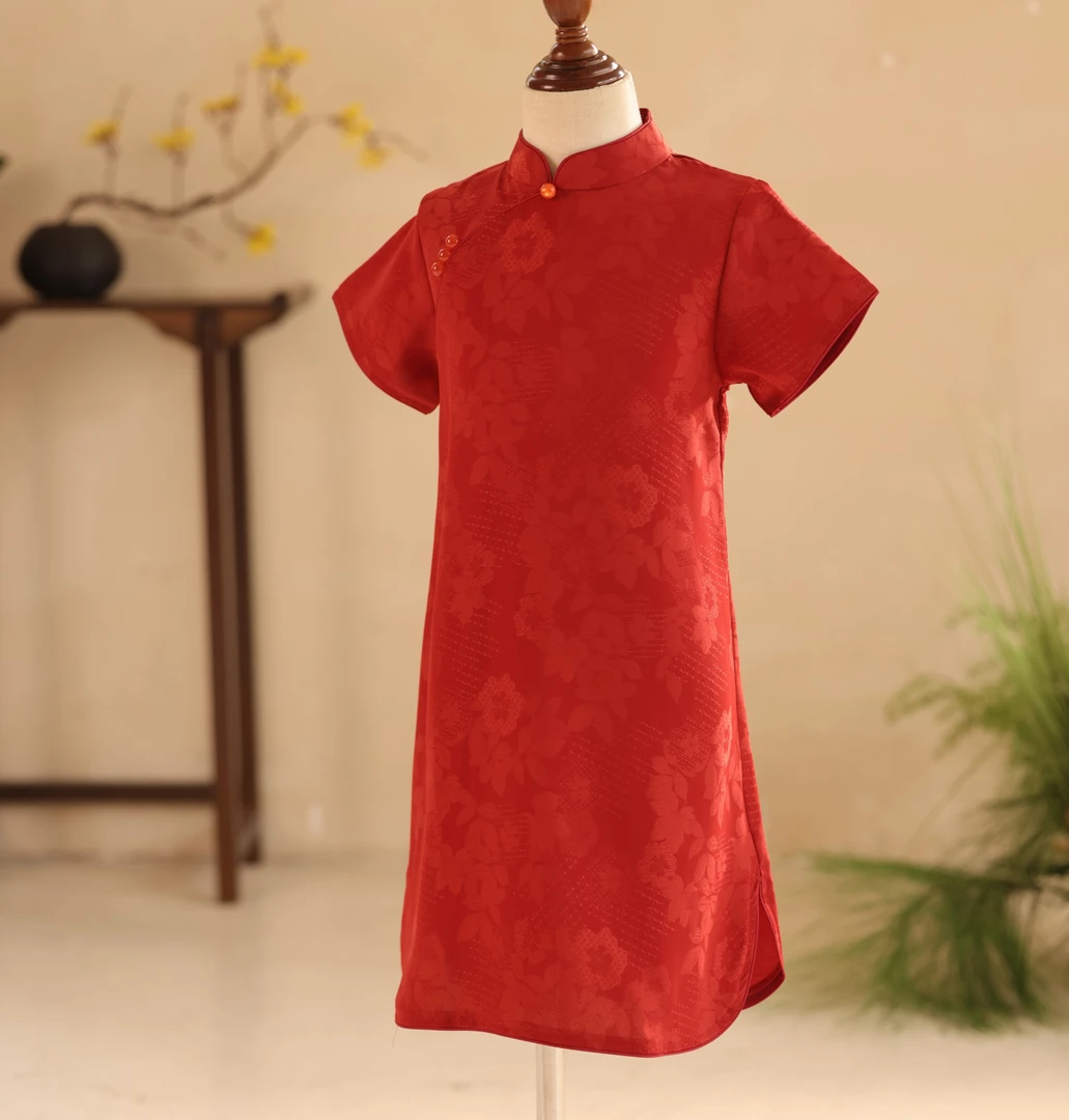 女童旗袍夏季薄款2025新款儿童新中式民国风女宝红色小女孩连衣裙