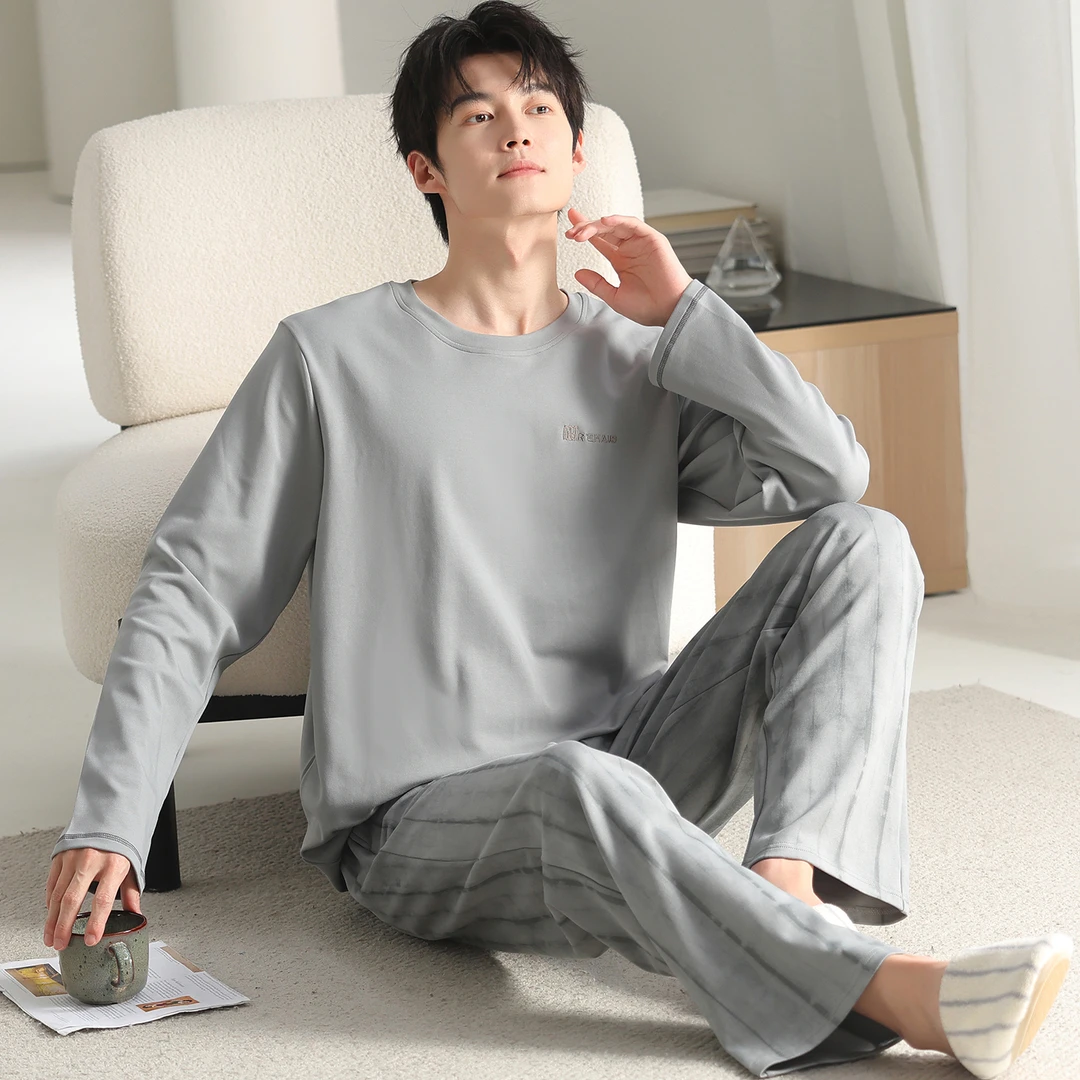 卡之恋男士睡衣春秋季纯棉长袖白灰色简约长裤套装可外穿家居服