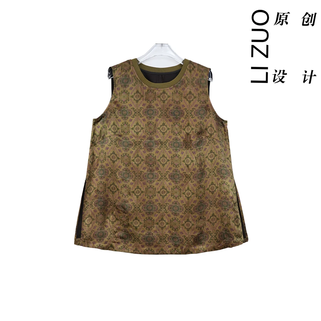 大码胖mm国风新中式28姆米老料花萝香云纱扁机领无袖上衣9363