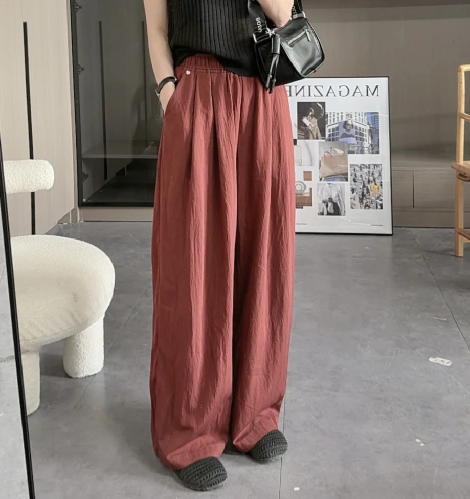 薄款夏季时尚百搭直筒宽松纯色高腰冰丝松紧腰休闲阔腿裤女凉凉裤