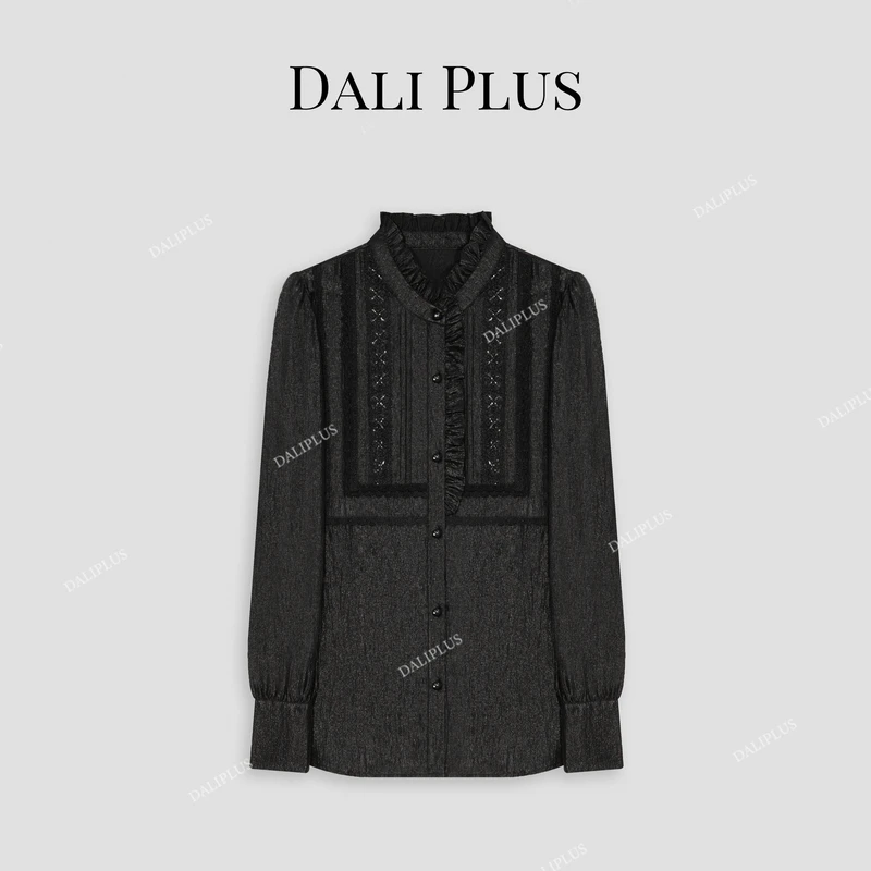 DALI PLUS高级定制轻奢醋酸天丝液黑色木耳领长袖衬衫-D4MM0310