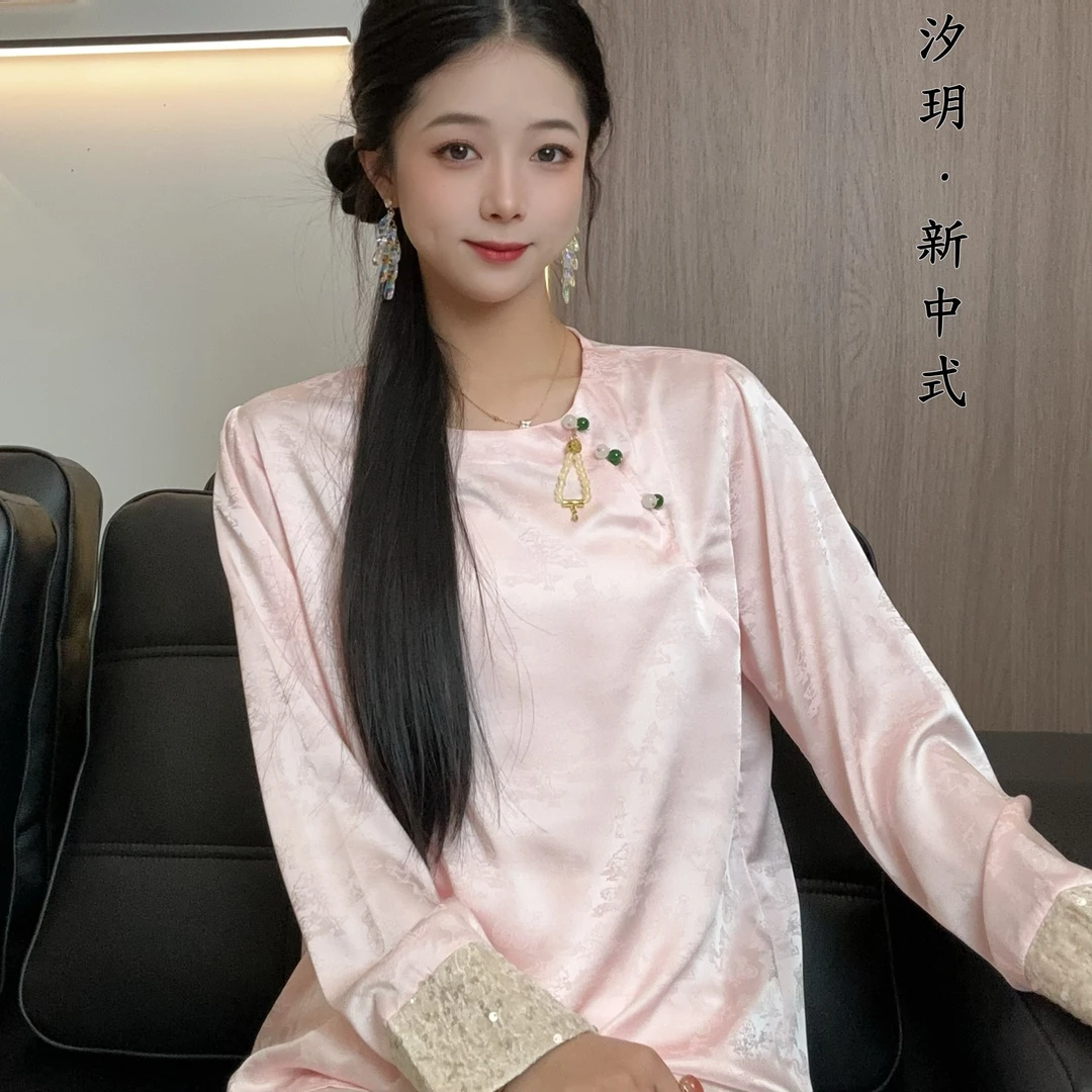 【花恋】新款气质百搭新中式袖口亮片国风上衣女