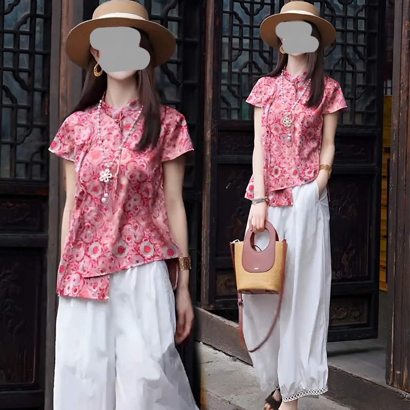 中式国风女2025新款独特超好看印花上衣夏季松紧腰镂空灯笼裤套装