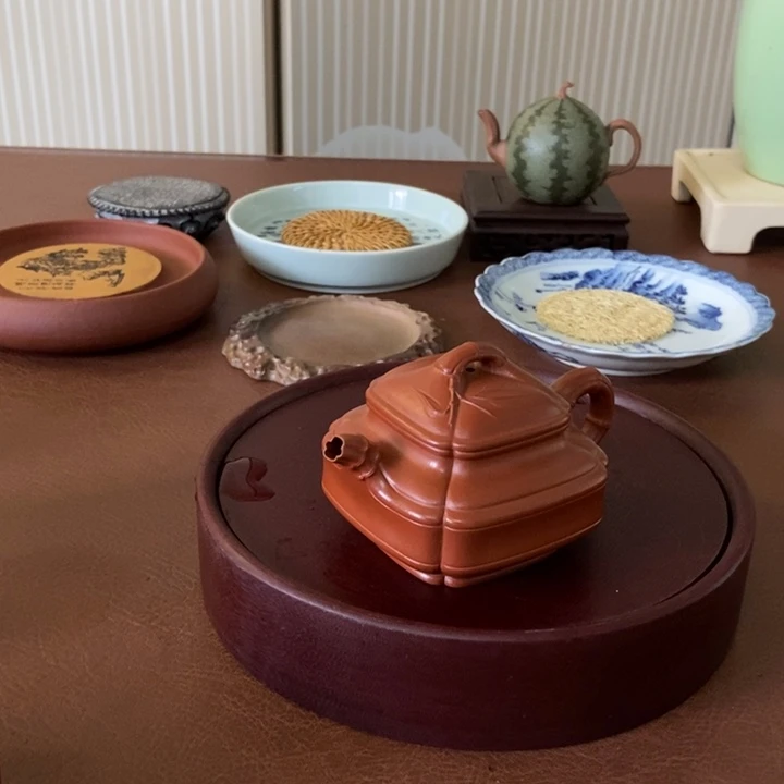 城***点茶壶紫砂四方竹鼓小煤窑朱泥手工壶