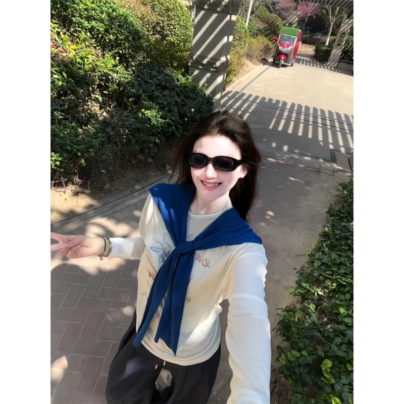 松弛感长袖t恤花卉印花微透防晒罩衫休闲上衣披肩直筒宽松阔腿裤