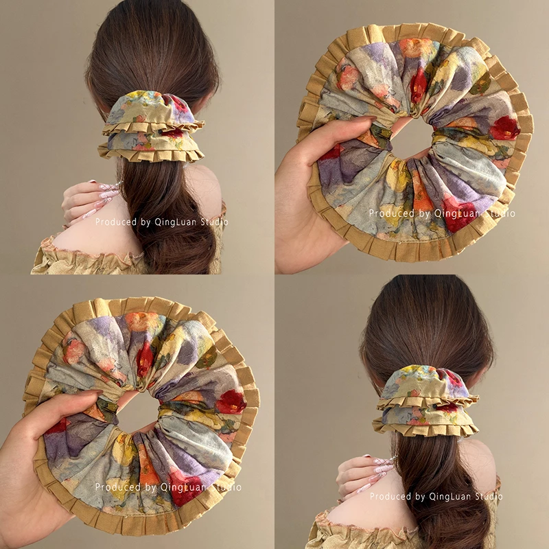 原野斯嘉丽~轻奢气质中古风布艺大肠发圈印花褶皱丸子头盘发皮筋