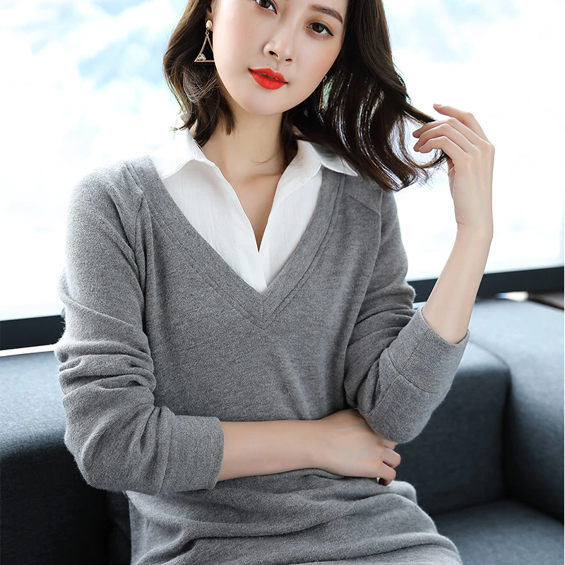 衬衣领假两件针织毛衣大码显瘦款式秋冬款