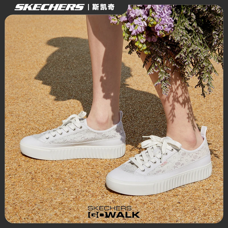 斯凯奇女鞋蕾丝小白鞋轻便透气休闲帆布鞋时尚百搭舒适板鞋114391