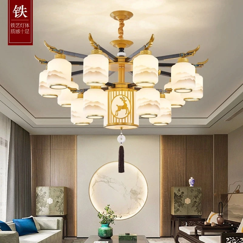 新中式吊灯仿实木轻奢中国风简约现代餐厅卧室大气别墅酒店客厅灯