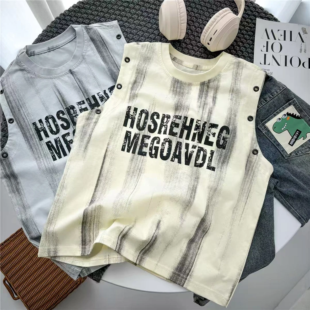 亲子款儿童男童圆领无袖背心中大童韩版宽松T恤T68纯棉ins