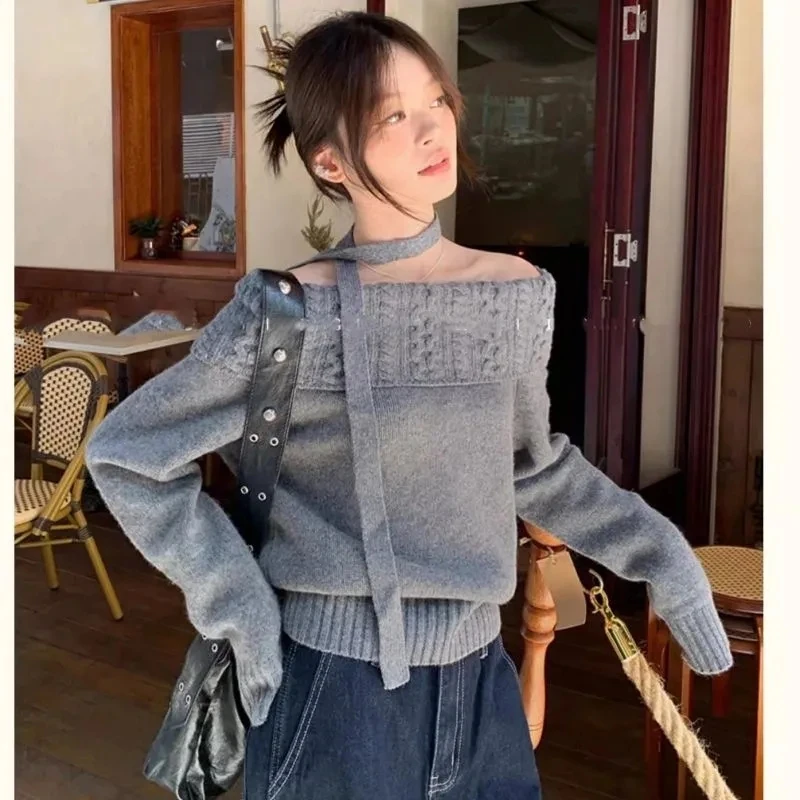纯色慵懒高级感超好看一字肩挂脖毛衣女秋冬新款设计感针织衫上衣