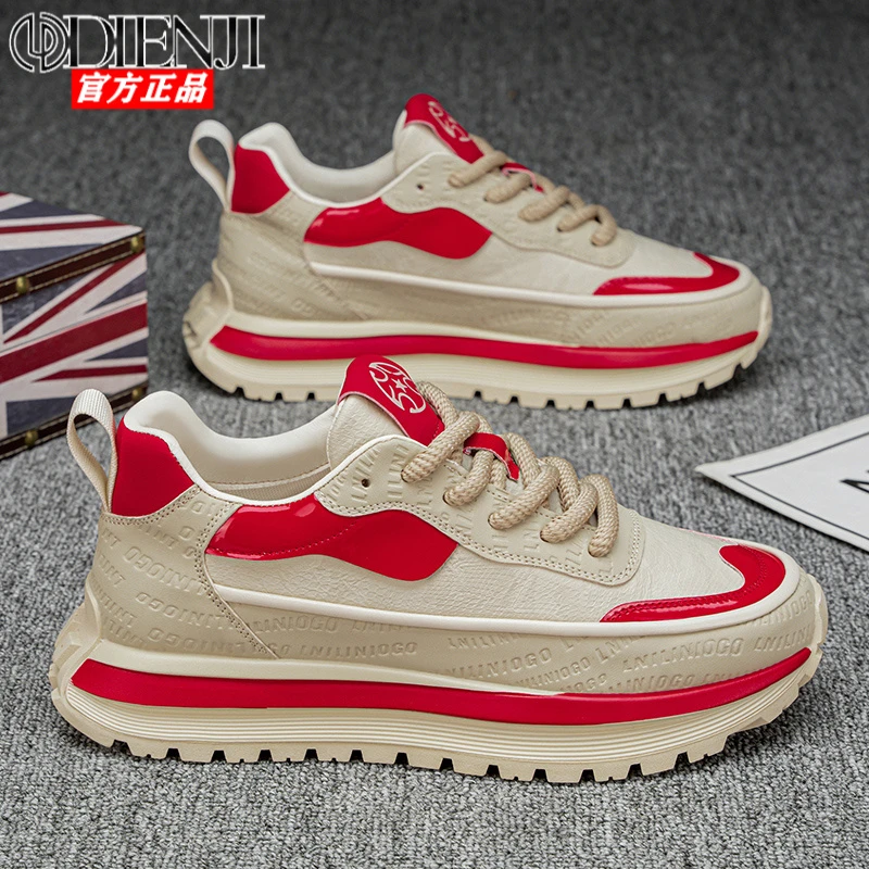 狄恩纪2025春季新款舒适皮面增高百搭拼色老爹鞋潮流爆款休闲男鞋