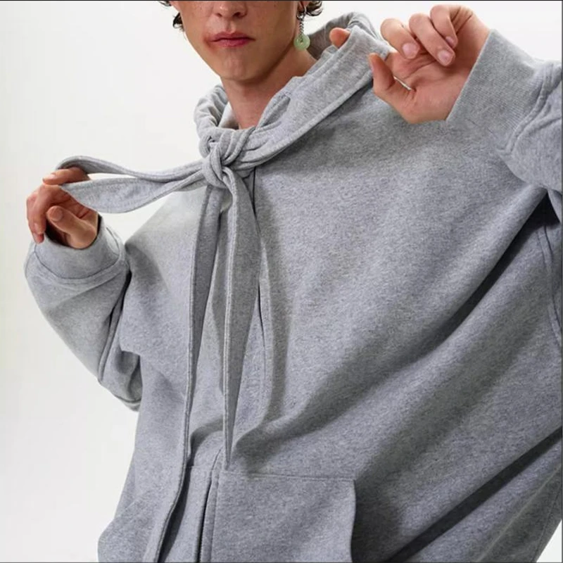 美式复古绑带设计连帽卫衣男女宽松休闲cleanfit大帽开衫上衣外套