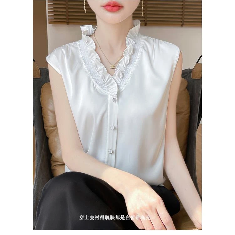 法式白色衬衫女士夏季设计感洋气桑蚕丝木耳花边v领内搭无袖上衣
