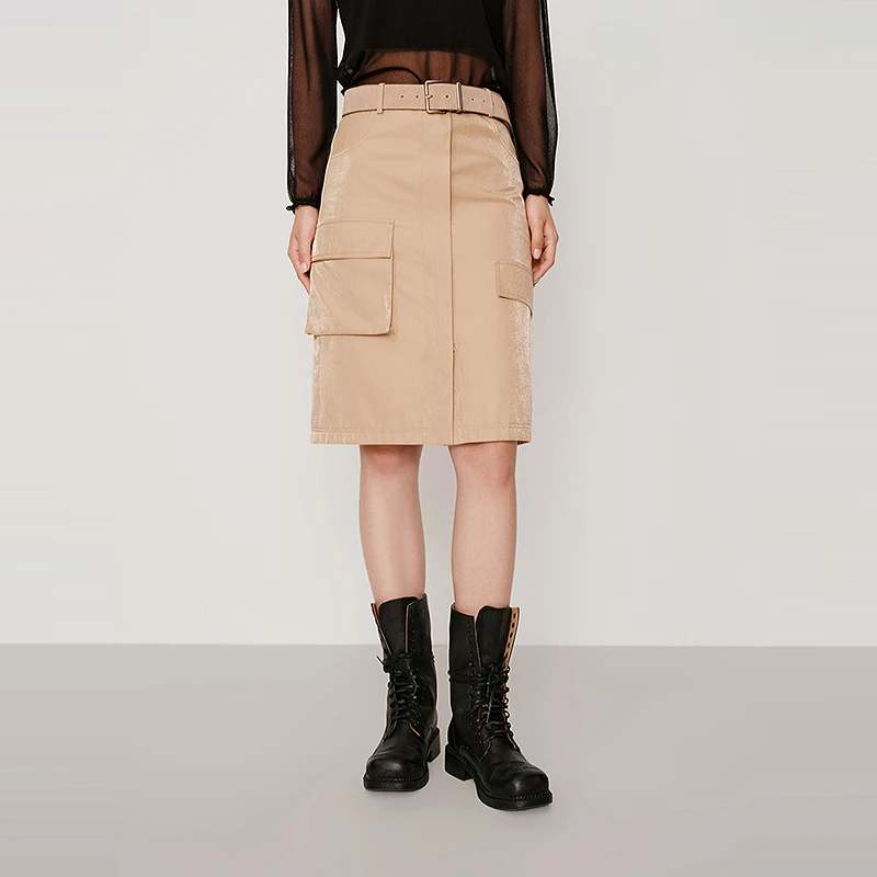 HPLY荷比俪2025秋新款女卡其色高腰A字大口袋半身裙HXF34700201