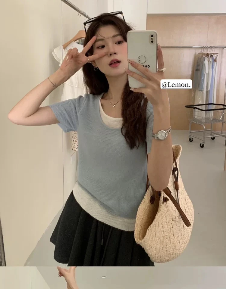 深圳南油白桃美美 蓝色假两件撞色短袖针织衫正肩t恤女D1004