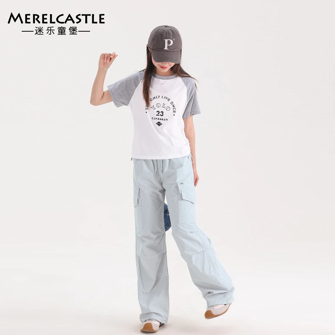 C4736女大童拼色字母T恤2025夏季新款初中生短袖体恤衫青少年洋气