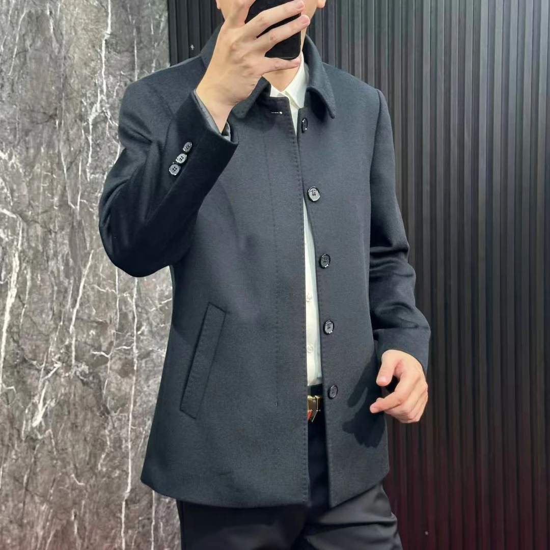 8902【羊毛90%羊绒10%毛呢中款大衣】商务休闲男秋冬暗门襟保暖外套