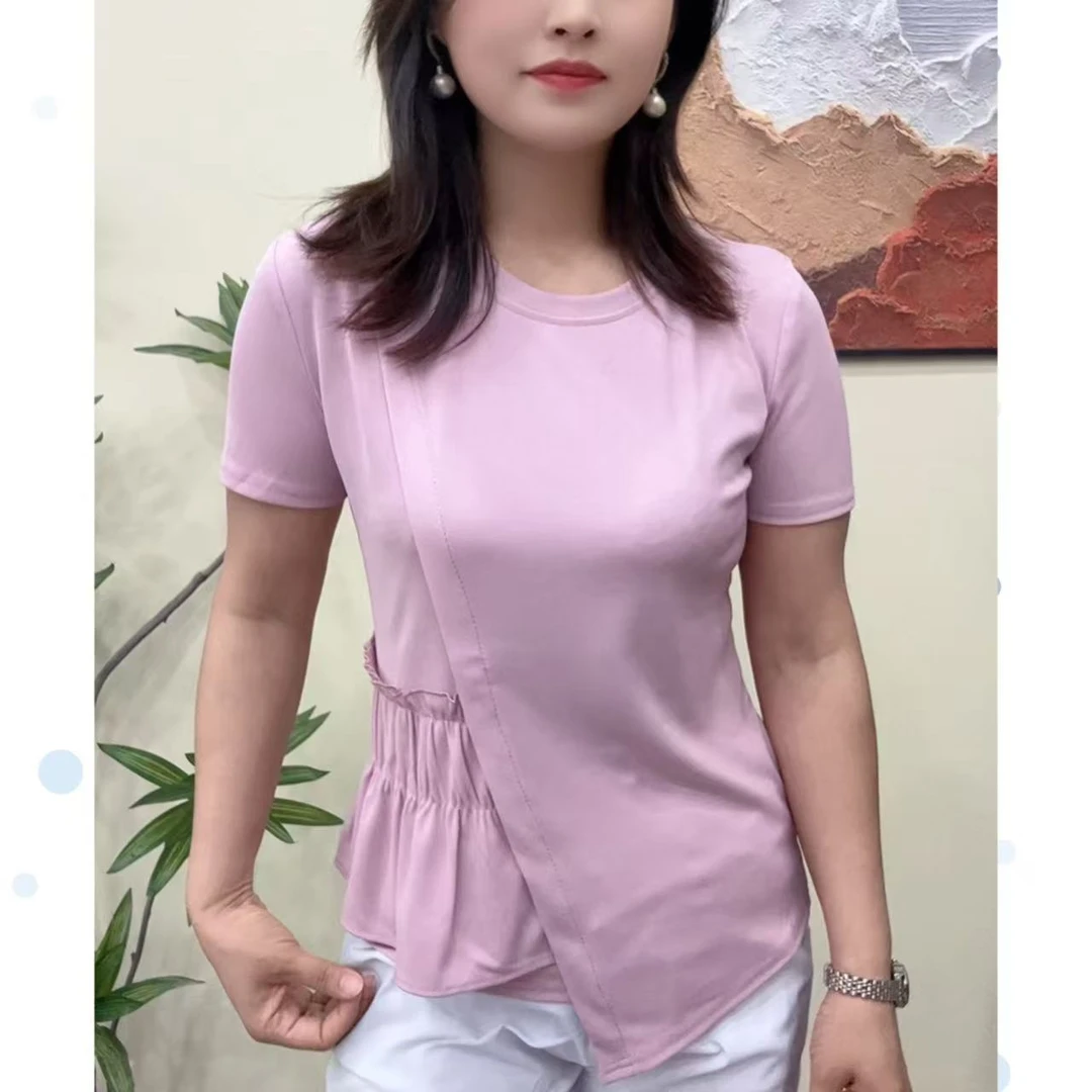 【侧褶皱】女夏季新款圆领不规则短袖T恤大码纯色上衣收腰显瘦遮肉