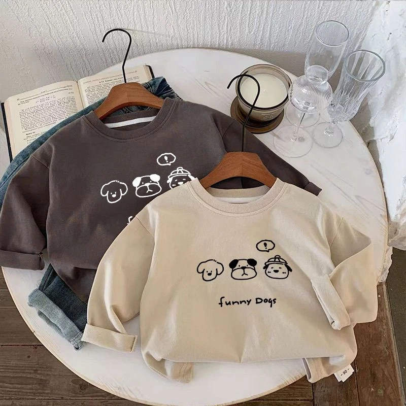 儿童T恤2025春季新款宽松可爱小狗打底男女童简约上衣潮百搭印花