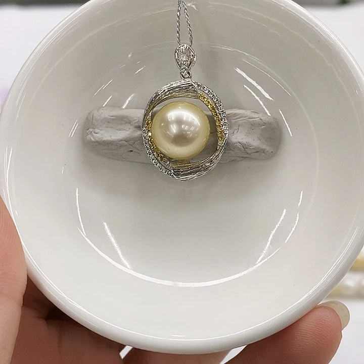 银S925镶嵌海水珍珠吊坠(不含链)金珠11-12mm