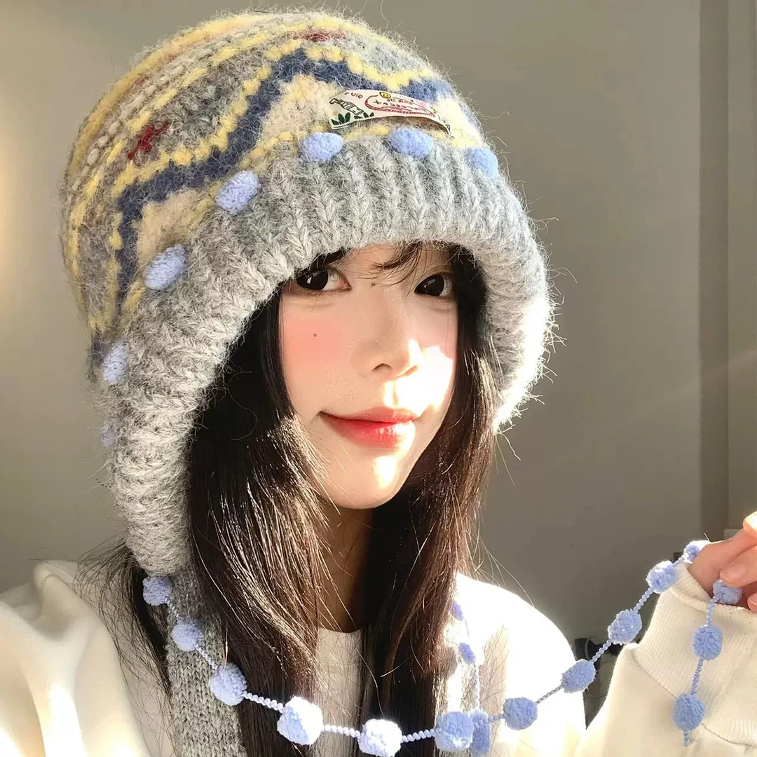 费尔岛复古针织巴拉克拉法帽显脸小包头帽加厚保暖护耳帽子