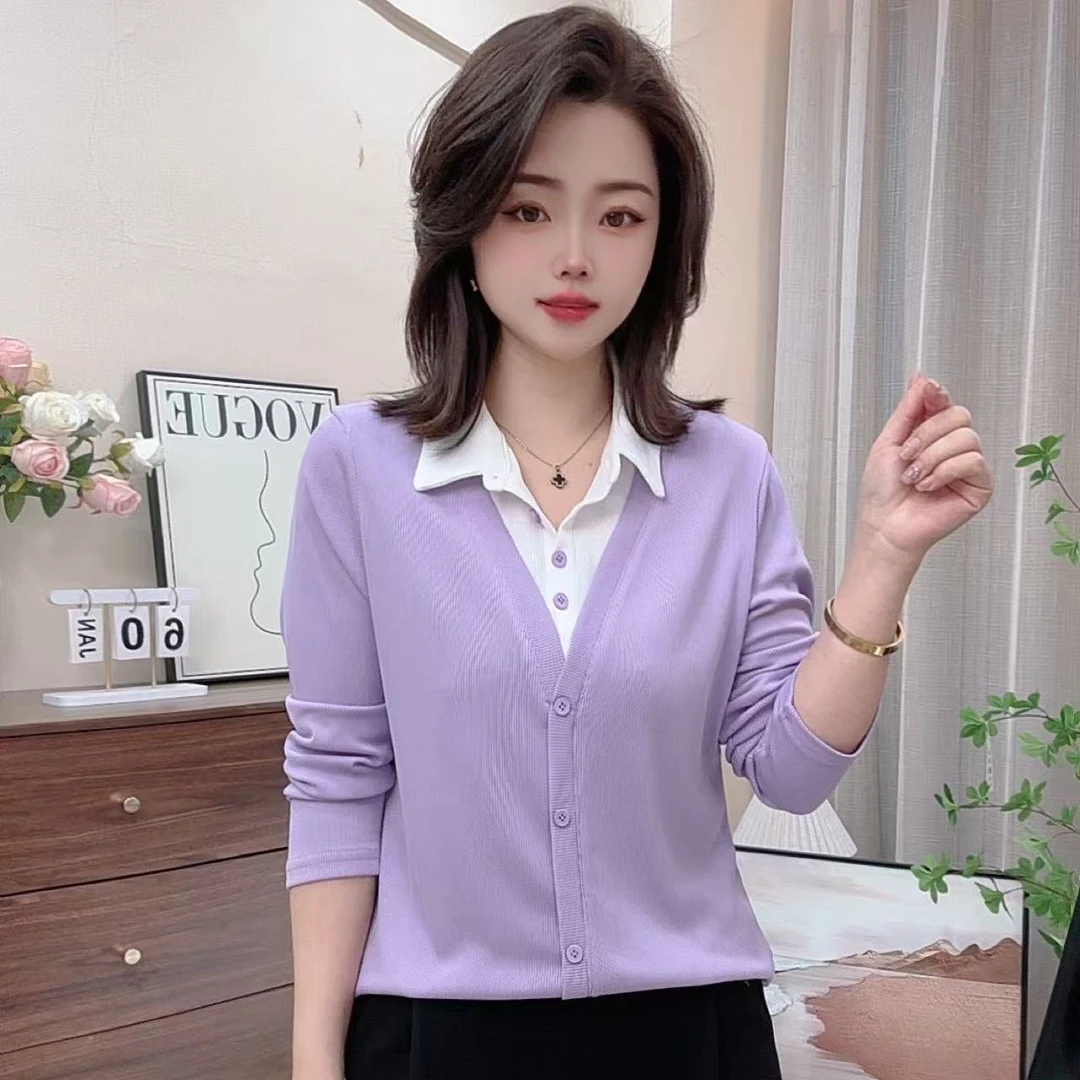 春季薄款百搭翻领上衣拼接假两件宽松显瘦女装衬衫温婉大方衣服