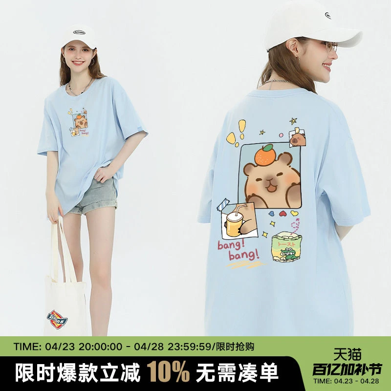 美式蓝色t恤女夏短袖2025新款爆款纯棉正肩上衣宽松体恤衫设计感