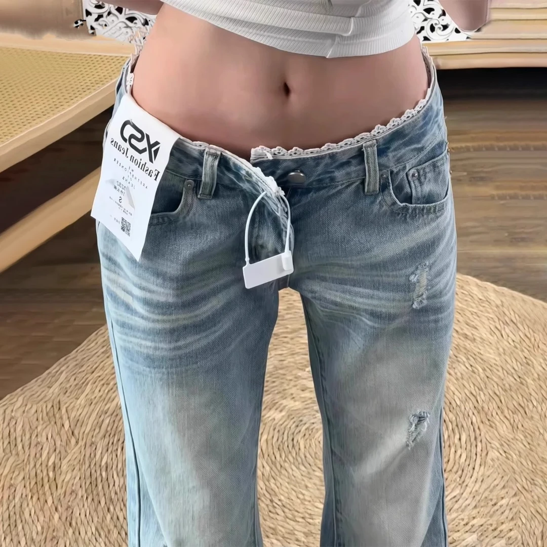 雪千羽蕾丝腰头美式微喇牛仔裤女2025夏季新款低腰辣妹弹力喇叭裤