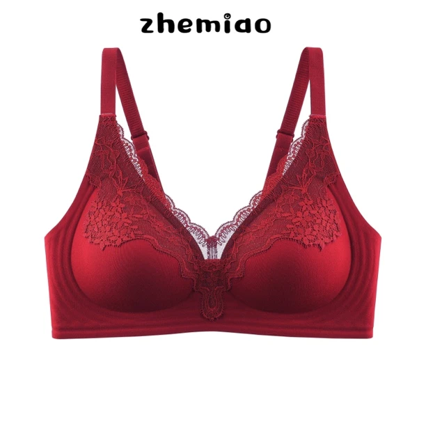 zhemiao轻奢舒适亲肤深V花卉蕾丝拼接裸感果冻软支撑薄款内衣B52