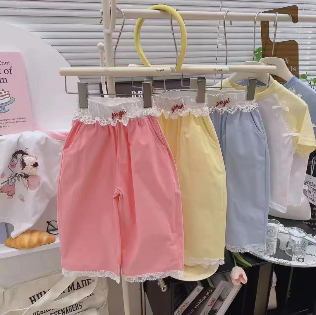 【亲子款】女童春夏蕾丝花边九分直筒裤糖果色宽松纯棉刺绣防蚊裤