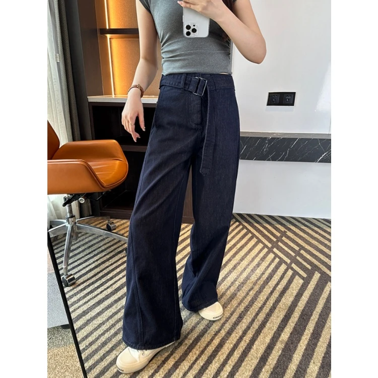 高腰显腿长拖地牛仔裤女2025早秋新款大码梨型身材宽松弯刀阔腿裤