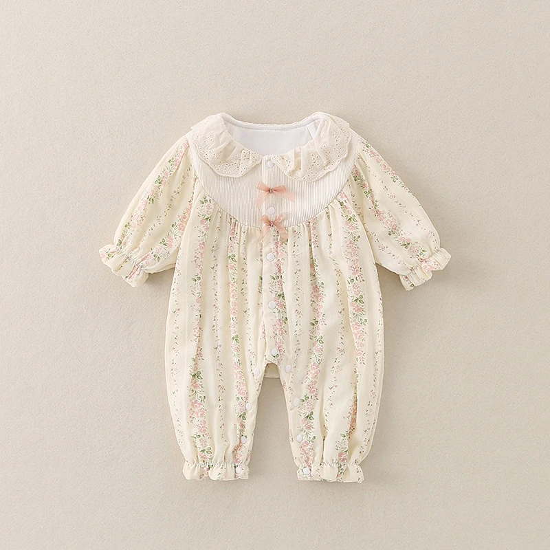 2025春款双层女宝娃娃领公主连体衣哈衣秋冬女宝纯棉夹棉连体衣