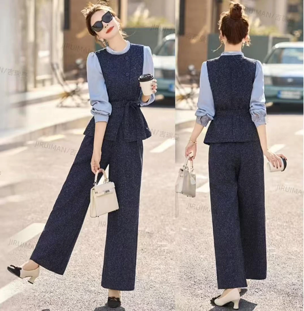 【断码清仓】T126春秋时尚衬衫马甲阔腿裤三件套套裤SS8