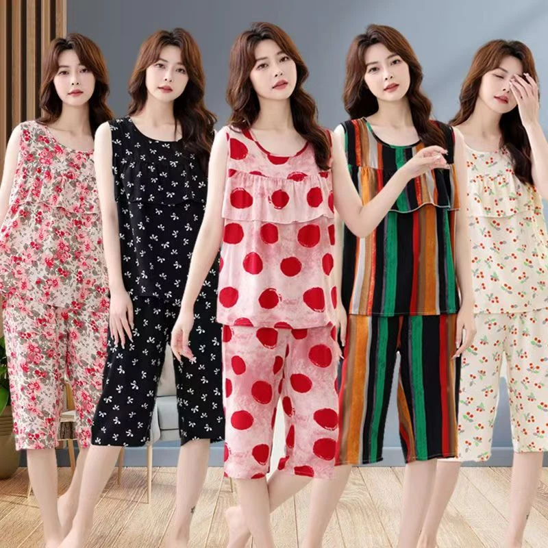 夏季棉绸无袖睡衣短裤背心家居服两件套舒适透气荷叶边防凸点套装