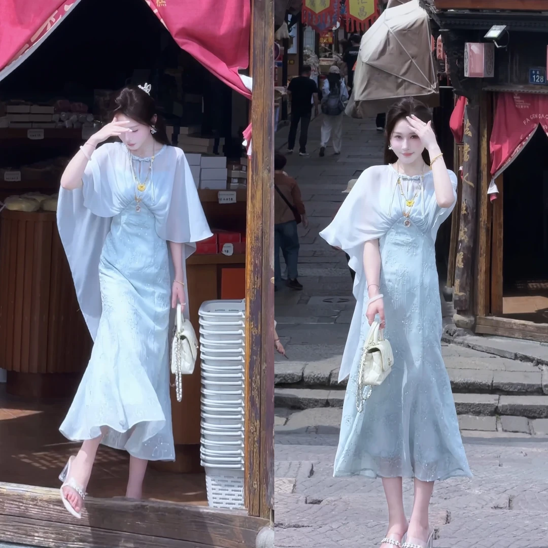 【婷婷】《花影•牡丹亭》楚王好细腰 蓝色绣花连衣裙 TTH2SX180【Q】