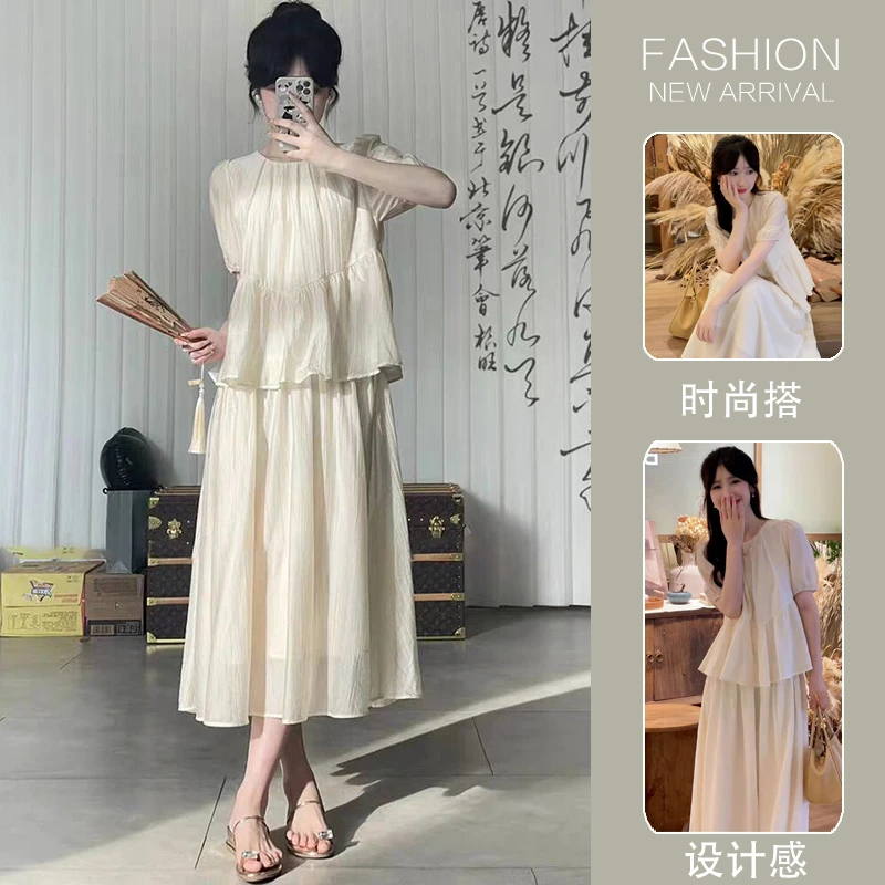 孕妇夏装连衣裙2025新款时尚温柔夏季减龄假两件宽松孕妇装中长款